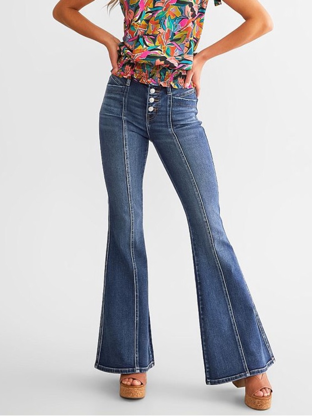 Flying Monkey High Rise Front Seam Exposed Button Fly Super Flare Jeans Size 30